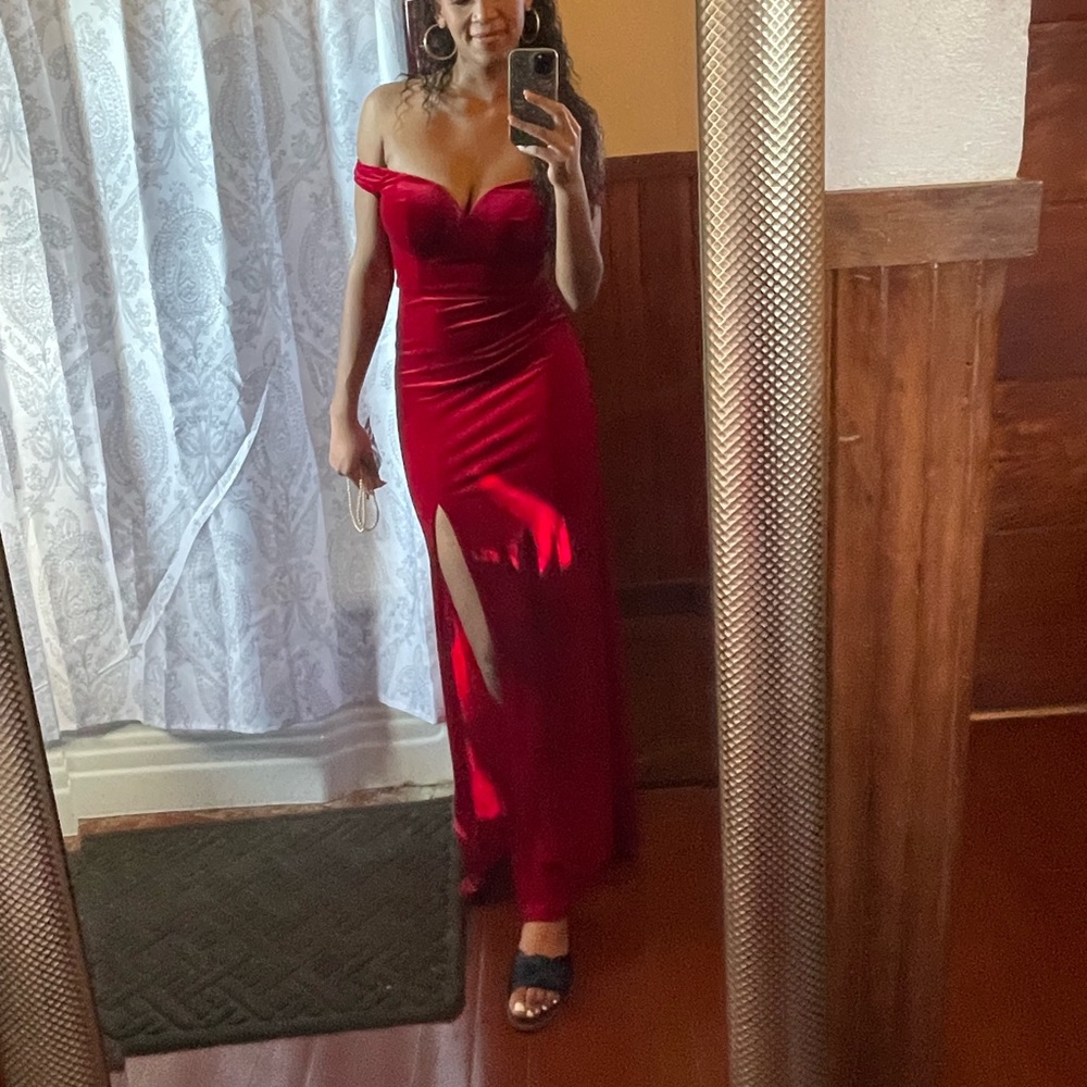 Windsor Formal Red Velvet Off the Shoulder Gown